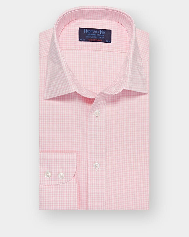 Contemporary Fit, Classic Collar, Two Button Cuff in Pink Grid Gingham Check