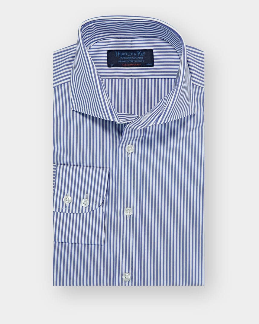 Contemporary Fit, Cut-away Collar, 2 Button Cuff Shirt in a Blue & White Medium Bengal Poplin Cotton