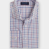 Contemporary Fit, Cut - away Collar, 2 Button Cuff Shirt in a Purple, Blue & White Overcheck Twill Cotton