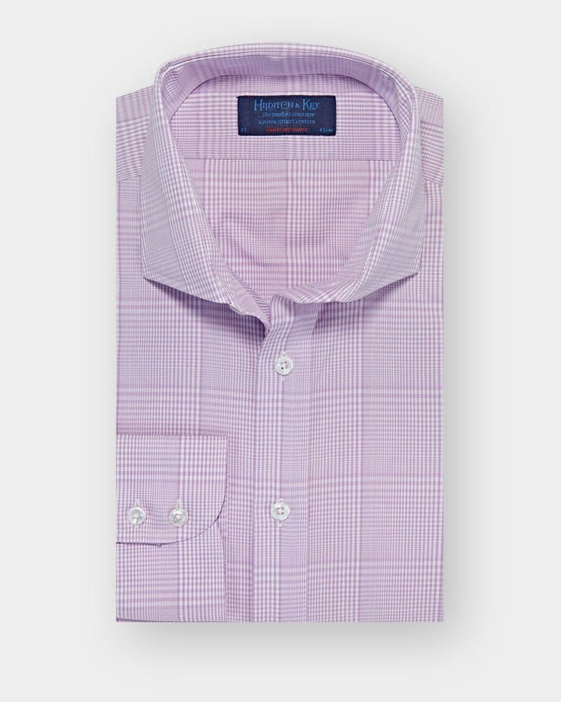 Contemporary Fit, Cut-away Collar, 2 Button Cuff Shirt In Lilac & White Graduated Check Poplin Cotton