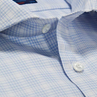 Contemporary Fit, Cutaway Collar, Two Button Cuff Light Blue Broken POW Check Cotton & Linen