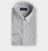 Contemporary Fit Grey Small Gingham Check Cotton Shirt with Button Down Collar & Two Button Cuff