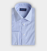 Contemporary Fit Light Blue Fine Check Cotton Shirt with Classic Collar & Double Cuff