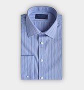 Contemporary Fit Light Blue & Navy Fine Stripe Cotton Shirt with Classic Collar & Double Cuff