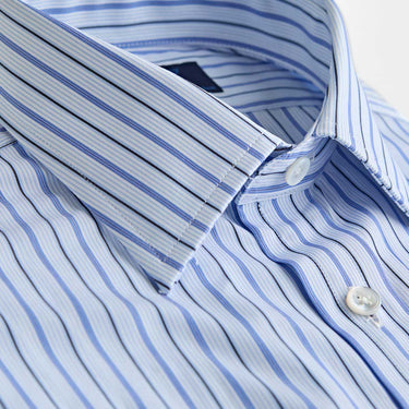 Contemporary Fit Light Blue & Navy Multi Stripe Cotton Shirt with Classic Collar & Double Cuff