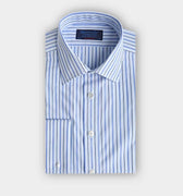 Contemporary Fit Light Blue & Navy Multi Stripe Cotton Shirt with Classic Collar & Double Cuff