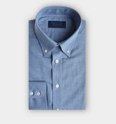 Contemporary Fit Mid Blue Small Herringbone Brushed Cotton Shirt with Button Down Collar & Two Button Cuff