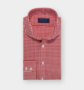 Contemporary Fit Red Gingham Check Cotton Poplin Shirt with Cut - away Collar & Two Button Cuff