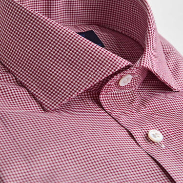 Contemporary Fit Red Micro Check Cotton Shirt with Cut - away Collar & Two Button Cuff