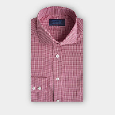 Contemporary Fit Red Micro Check Cotton Shirt with Cut - away Collar & Two Button Cuff