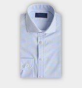 Contemporary Fit Sky Blue Check Cotton Shirt with Cut - away Collar & Two Button Cuff