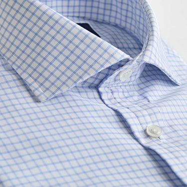 Contemporary Fit Sky Blue Check Cotton Shirt with Cut - away Collar & Two Button Cuff