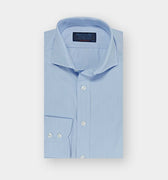 Contemporary Fit Sky Blue Hairline Stripe Cotton Poplin Shirt with Cut - away Collar & Two Button Cuff