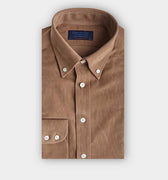 Contemporary Fit Tan Fine Corduroy Shirt with Button Down Collar & Two Button Cuff