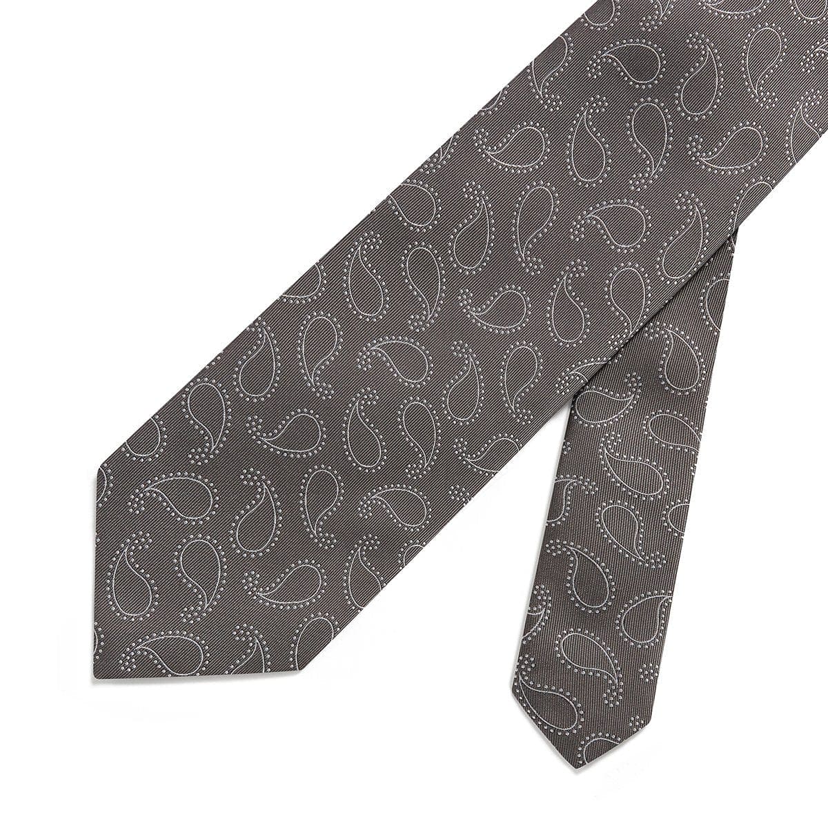 Grey Woven Silk Tie With White Paisley Spots