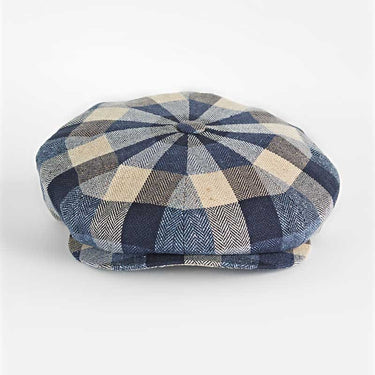 Navy & Beige Large Check Cotton & Silk Gatsby Cap