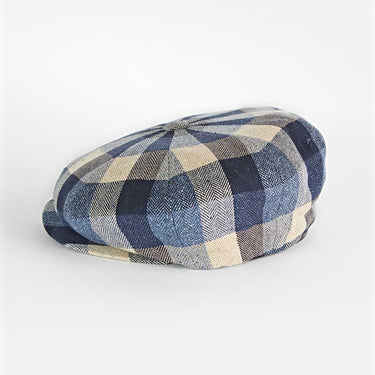 Navy & Beige Large Check Cotton & Silk Gatsby Cap