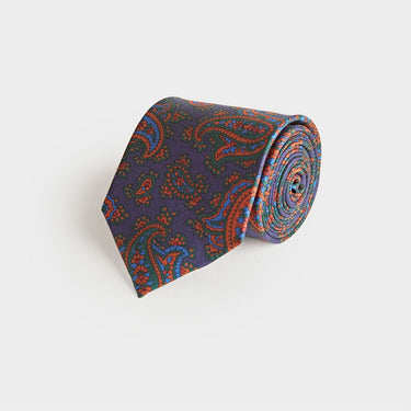 Navy & Burnt Orange Paisley Motif Printed Silk Tie