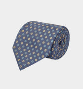 Navy, Gold & Blue Printed Silk Tie With White Flowers