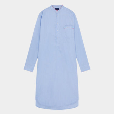 Blue Herringbone Cotton Nightshirt With Red Piping