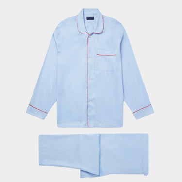 Blue Herringbone Cotton Pyjamas With Red Piping