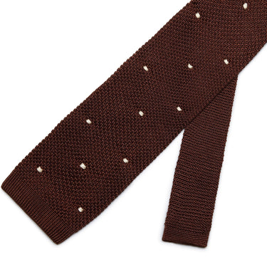 Brown Knitted Silk Tie with White Spots