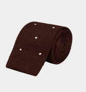 Brown Knitted Silk Tie with White Spots