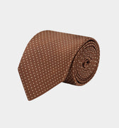 Brown Printed Silk Tie with White Pin Spots