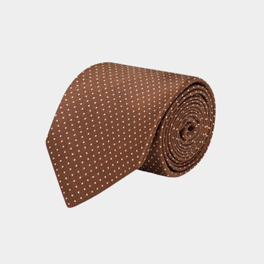 Brown Printed Silk Tie with White Pin Spots