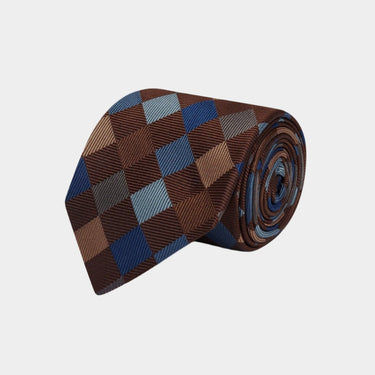 Brown Woven Silk Tie with Blue Large Check