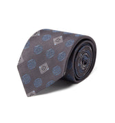 Grey Woven Silk Tie With White Diamonds & Blue Flowers