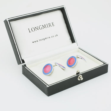 Longmire Sterling Silver Double Circle Pale Blue & Pink Enamel Chain Link Cufflinks