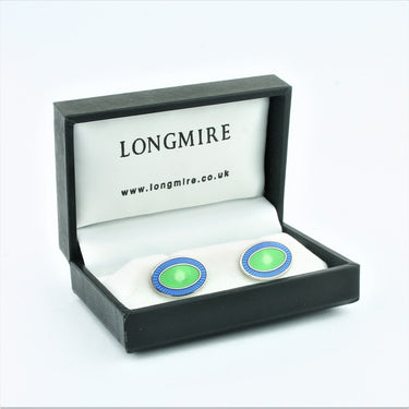 Longmire Sterling Silver Double Oval Pale Blue & Green Enamel Chain Link Cufflinks