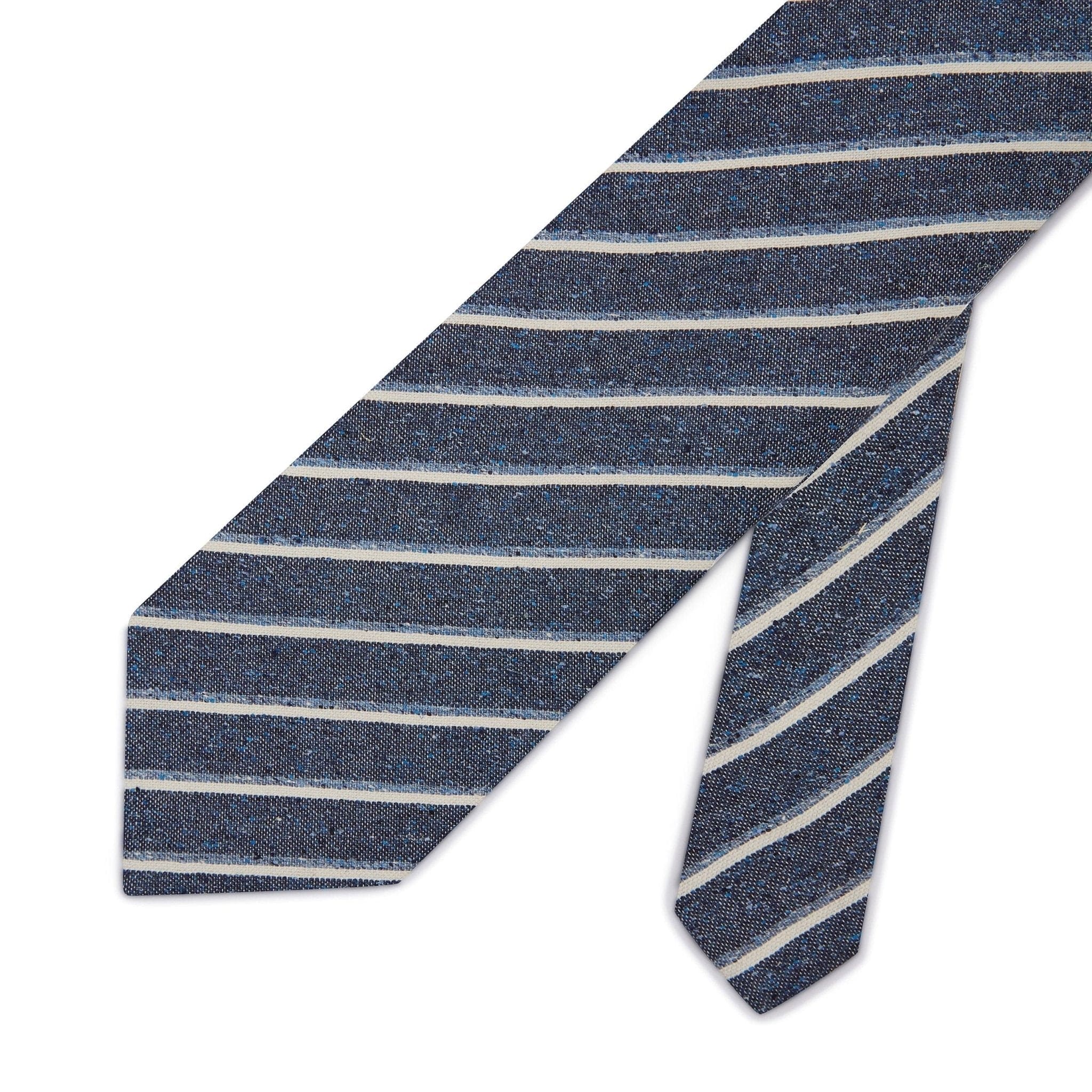 Navy Woven Cotton & Silk Tie with Blue & White Stripes