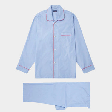 Plain Blue End On End Cotton Pyjamas With Red Piping