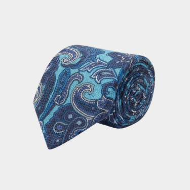 Turquoise & Blue Paisley Printed 100% Cashmere Tie