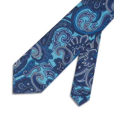 Turquoise & Blue Paisley Printed 100% Cashmere Tie